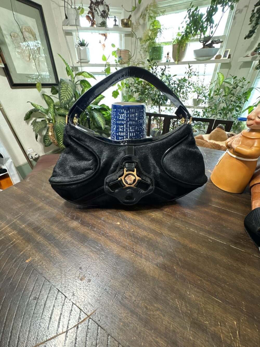 Versace Black Pony Hair And Patent Leather Hobo Handbag